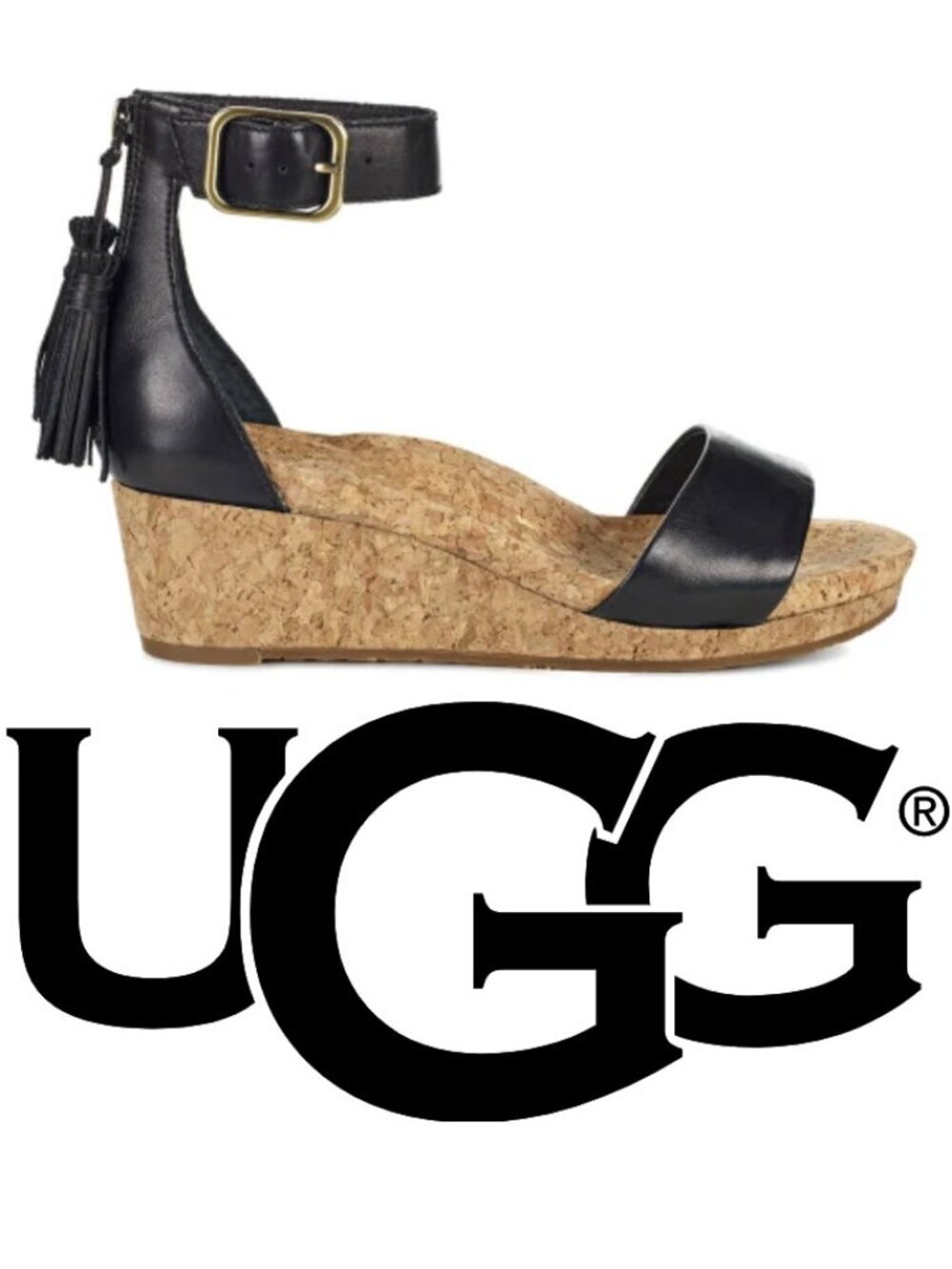 UGG Zoe Black Cork Wedge Sandals with Ankle Strap and Tassel Size 9